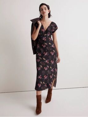 Madewell Wide V Neck Floral Midi Dress Black Cupro Size 2